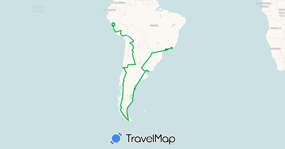 TravelMap itinerary: driving, bus, cycling, boat in Argentina, Bolivia, Brazil, Chile, Peru, Uruguay (South America)